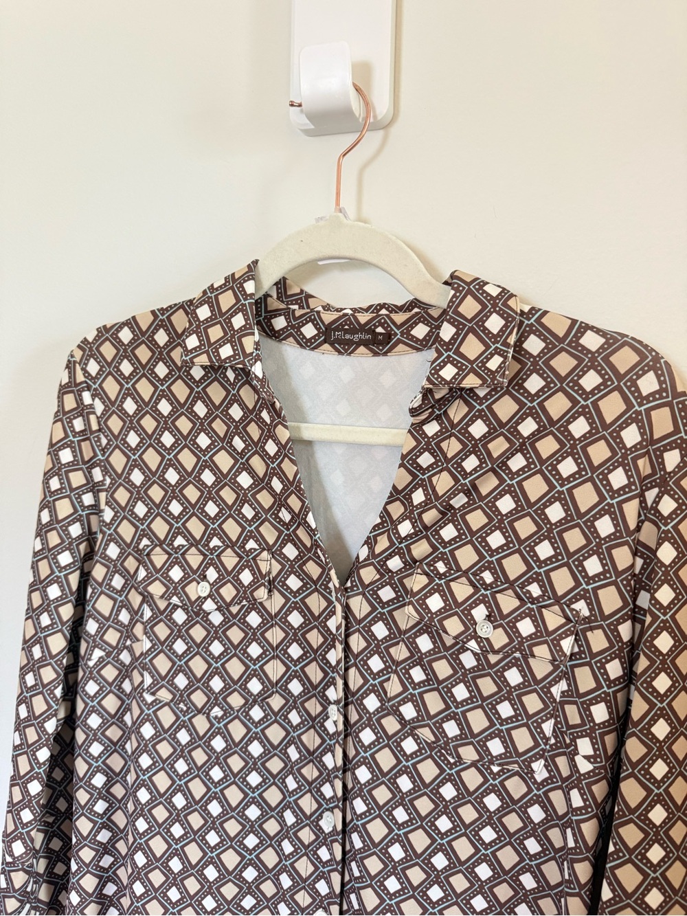 J. McLaughlin Geometric Print Shirt Dress Size Medium Brown 3/4 Sleeve - Picture 3 of 7